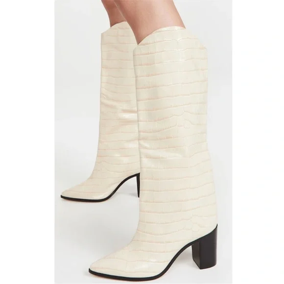 SCHUTZ Maryana Block Heel Boot Ivory Croc Embossed Leather Cowboy Knee High 6B - Picture 4 of 12